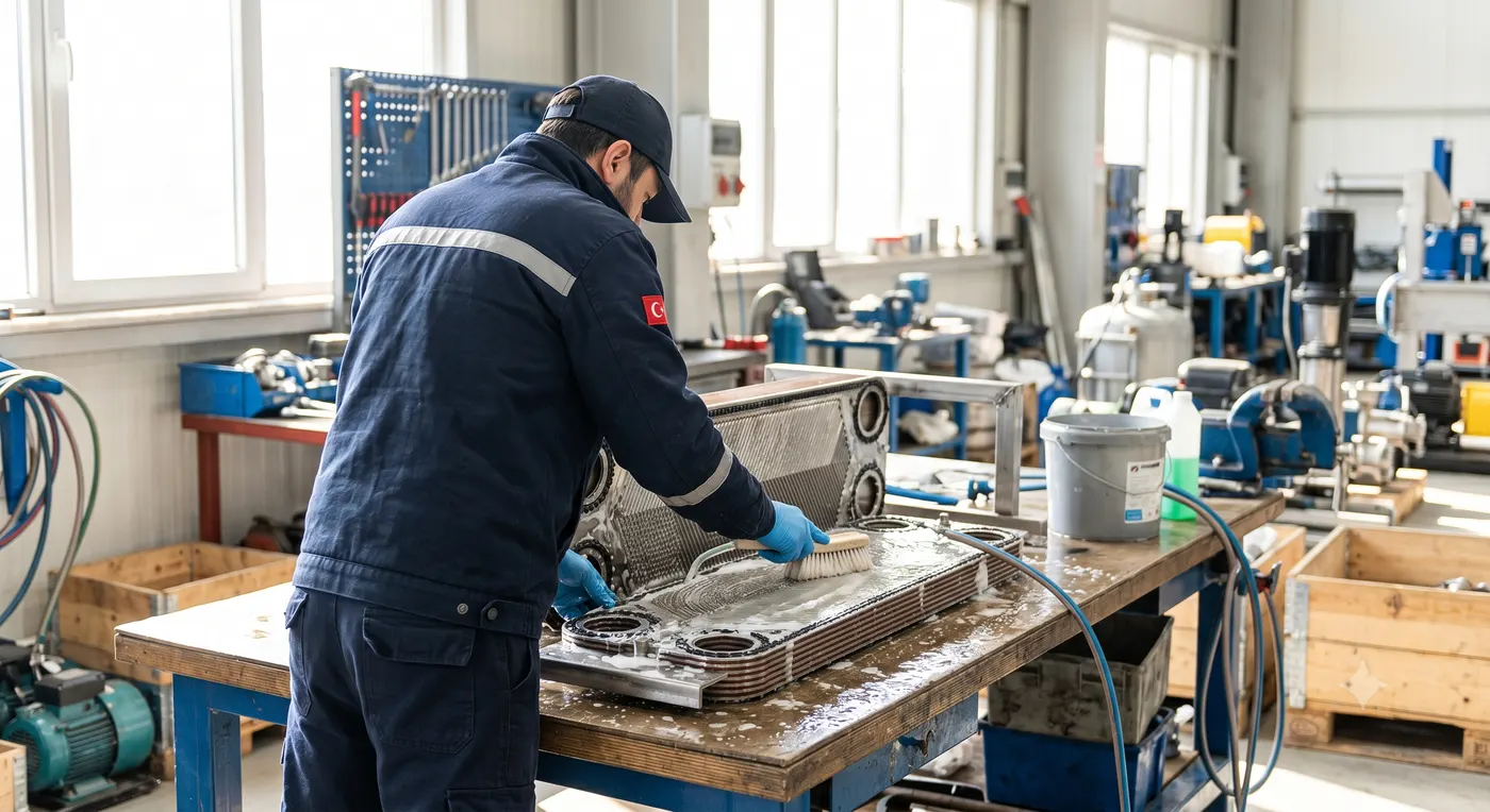 Sökülen plakalı eşanjörün plakalarının tezgahta tek tek temizlenmesi