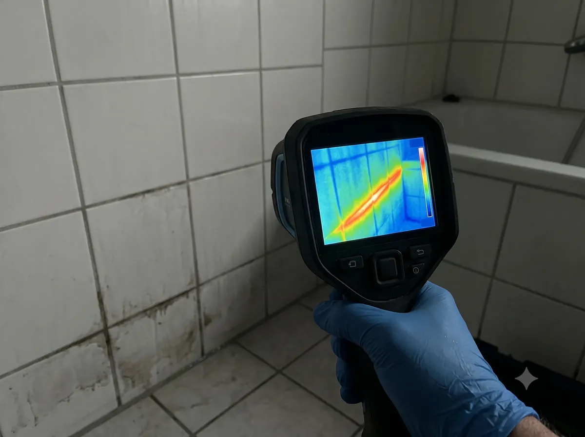 Termal kamera ekranında banyo duvarı içindeki sıcak su borusu kaçağının görüntüsü